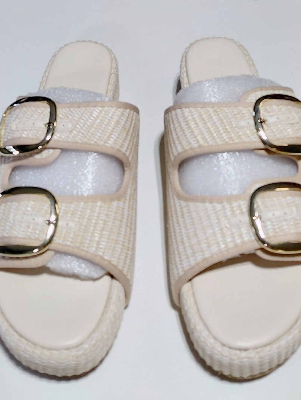COUTGO Women’s Cream Slide Raffia  Platform  Sandals with Gold Buckles Size 8.5